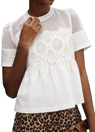 PUWEI Womens Short Sleeve Lace Blouse Sheer Mesh Flowy Poplin Babydoll Shirts Crewneck Casual Ele... | Amazon (US)