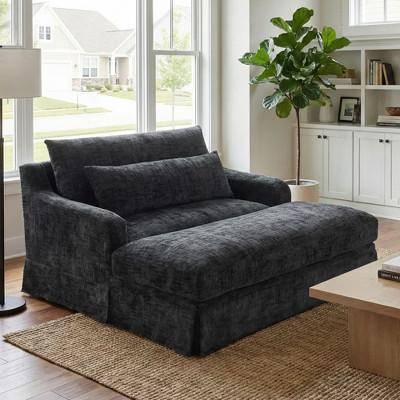 59.45"W Chenille Chaise Lounge Sofa Bed, 2-Seat Sleeper Loveseat Sofa Chair with Textured Surface & 2 Back Cushions, Black - ModernLuxe | Target