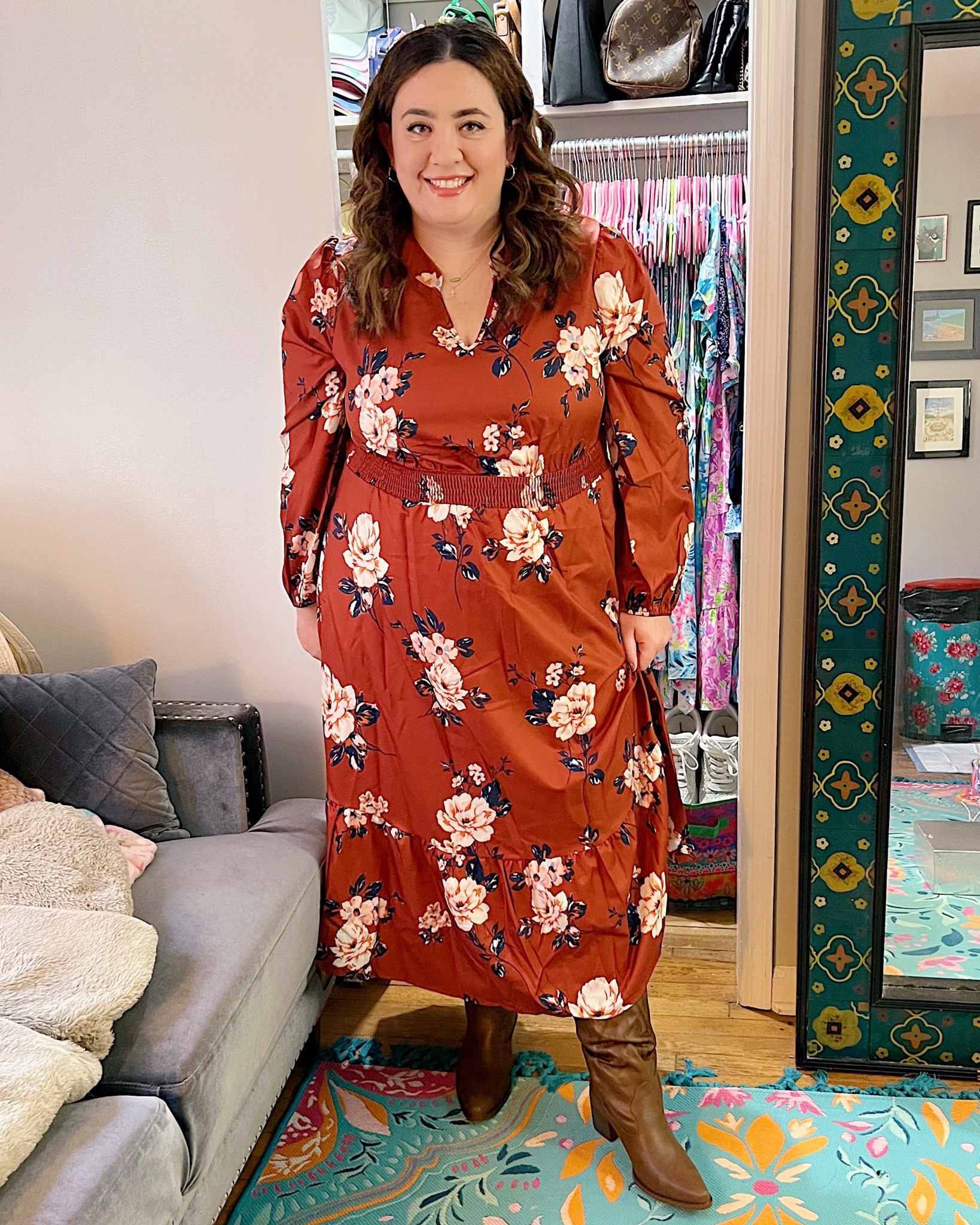 Burnt orange floral print maxi dress, plus size floral print maxi dress with long sleeves, wide calf western boots, affordable fashion 

#LTKfindsunder50 #LTKplussize #LTKmidsize