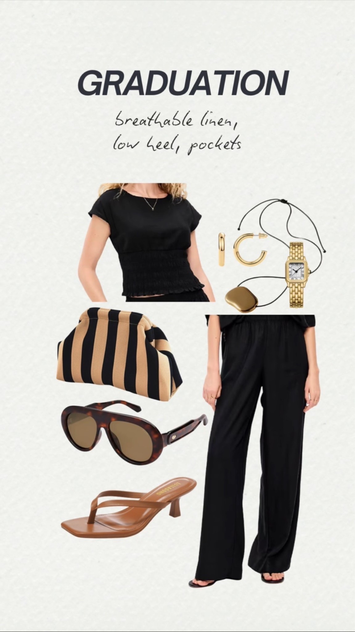 The most comfortable dressy but still casual outfit. The smocked top defines the waist but isn't uncomfortable, able to wear a normal bra ( the top is an open back but not too open). Pants are long if I were to wear a flat but this 2.5 inch kitten heel is perfect and they're super comfortable.