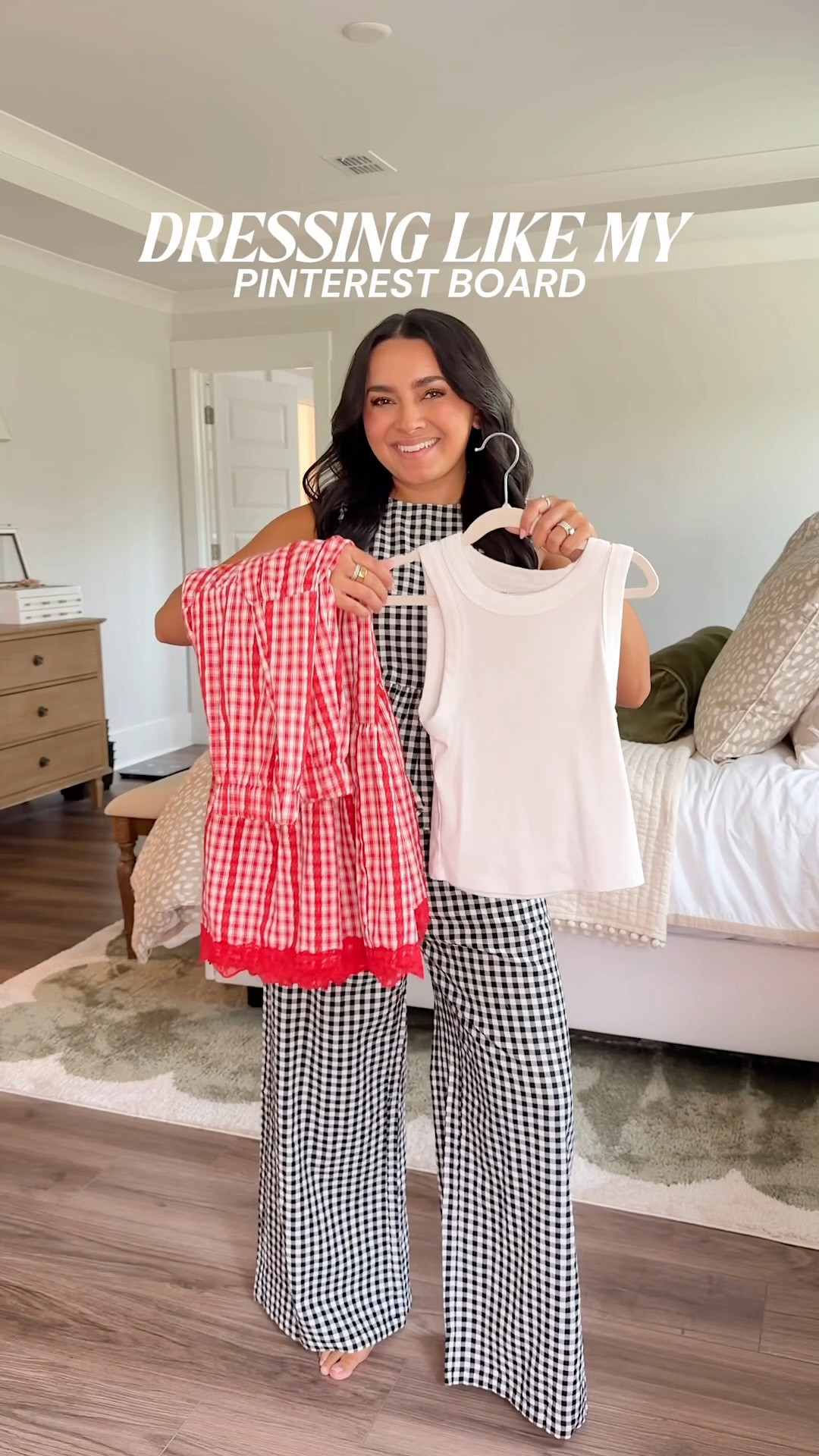 Recreating a Pinterest outfit!
For reference: I’m 5’0, petite, 32b bra size, and 2/26 in bottoms, pear shaped. *Everything I share is unaltered! TTS means true to size. Between size 5–6.5 in shoes

White tank size xs petite TTS 
Red gingham skirt size small TTS 
Cap to flats are Chanel - I linked similar 