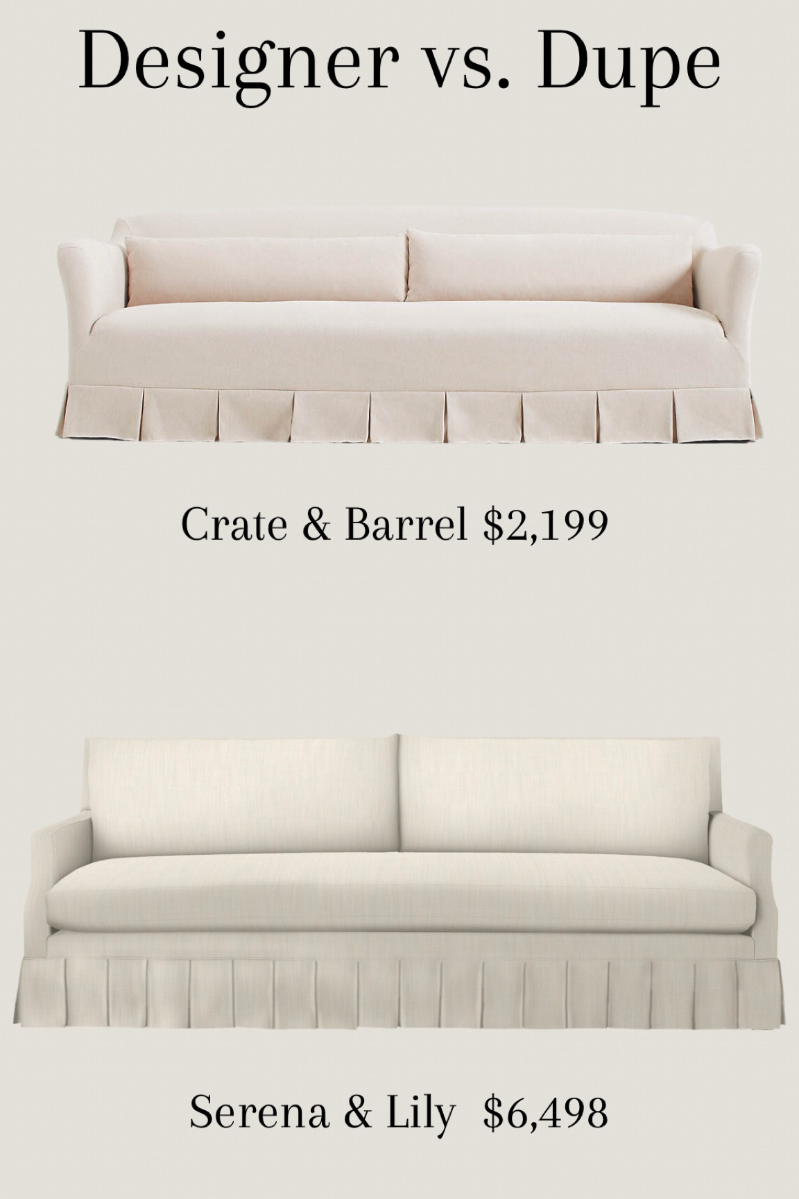 Designer vs. dupe

Pleated upholstered sofa. Serena and Lily / Crate and Barrel x Jake Arnold 

#LTKhome #LTKFind #LTKstyletip
