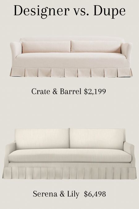 Designer vs. dupe

Pleated upholstered sofa. Serena and Lily / Crate and Barrel x Jake Arnold 

#LTKhome #LTKFind #LTKstyletip