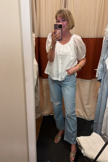 White puff sleeve top and straight jeans from Madewell. Wearing size 26 in jeans and XS in top. Dresses from the try on are all a size XS. Copy promo code you will see when you click on the link and copy and paste at checkout for the 20% off. 

#LTKOver40 #LTKSaleAlert #LTKxMadewell