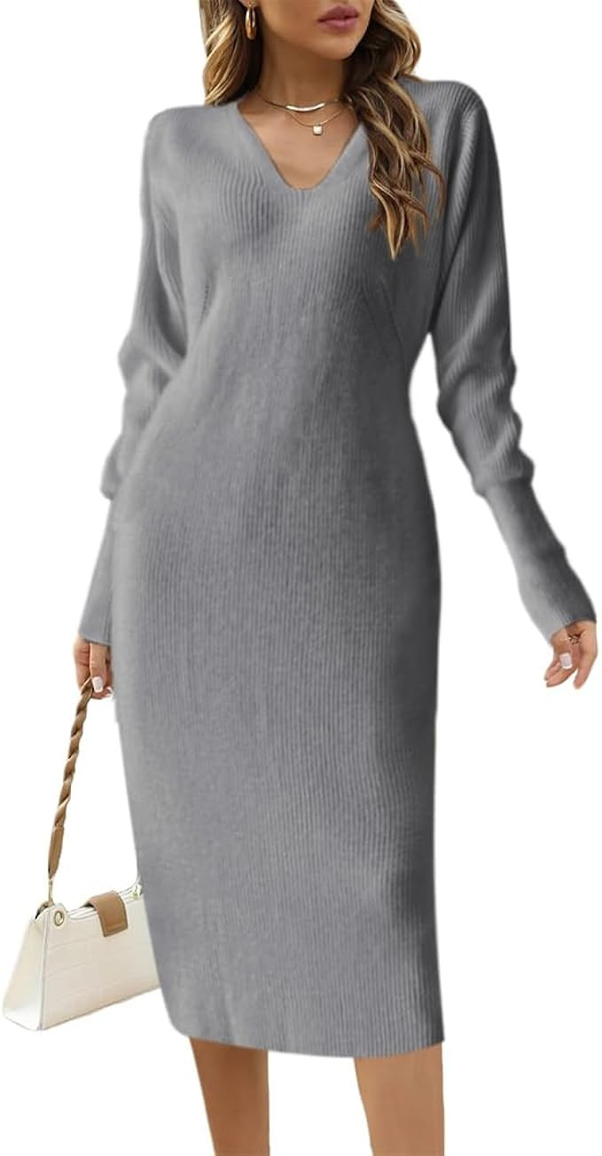 Yuebin Women's 2023 Fall V Neck Long Sleeve Sweater Dress Slim Fit Ribbed Knit Midi Dress | Amazon (US)