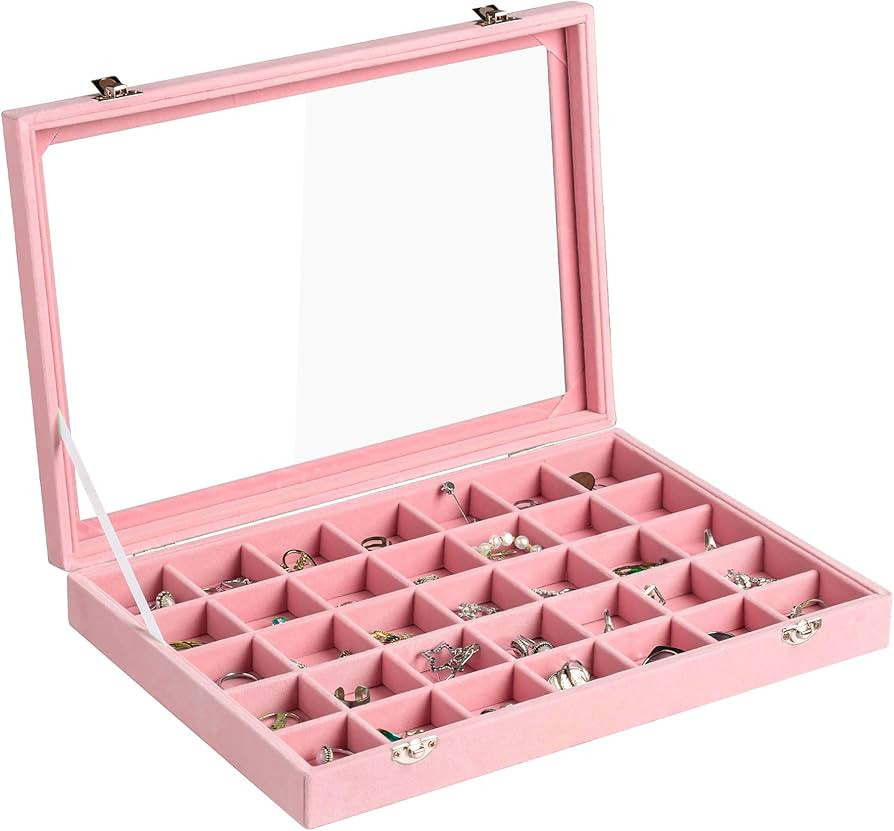 Frebeauty Velvet Jewelry Tray,35 Grid Jewelry Organizer with Clear Lid,Earring Holder Organizer C... | Amazon (US)
