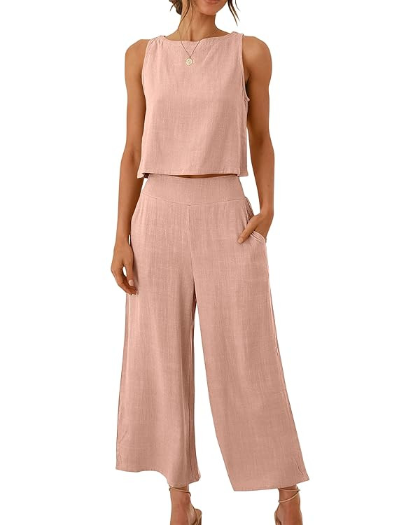 ANRABESS Women's Summer 2 Piece Outfits Sleeveless Crop Top Capri Wide Leg Pants Jumpsuit Linen L... | Amazon (US)