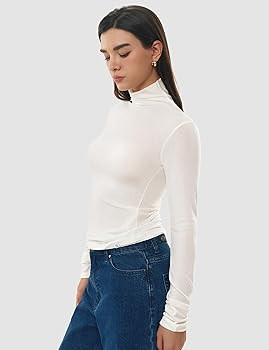 Women's Turtleneck Long Sleeve Merino Wool Blend Shirts Fitted Going Out Tops Basic Tees Cozy Emb... | Amazon (US)