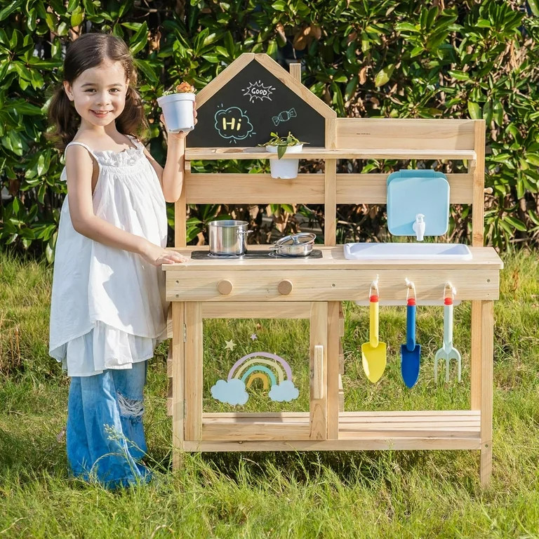 Robud Outdoor Mud Kitchen for Kids, Wooden Play Kitchen with Accessories, Faucet & Water Tank, 3 ... | Walmart (US)