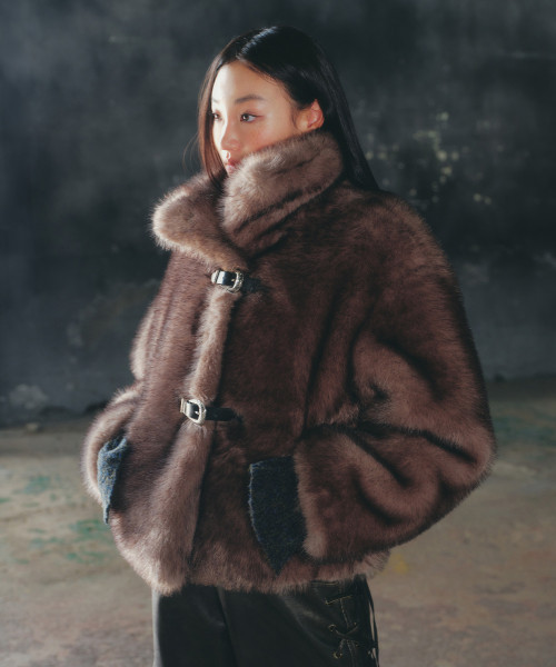 MUSINSA | LALAFOX STRAP BUCKLE FUR JACKET GREY BQ4FJ001 | Musinsa Global