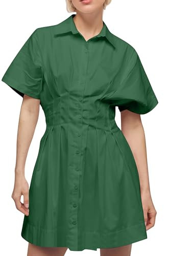 synound Women’s Button Front Down Pleated Shirt Dress Summer Casual Striped Short Sleeve Blouse Mini Dresses Green | Amazon (US)