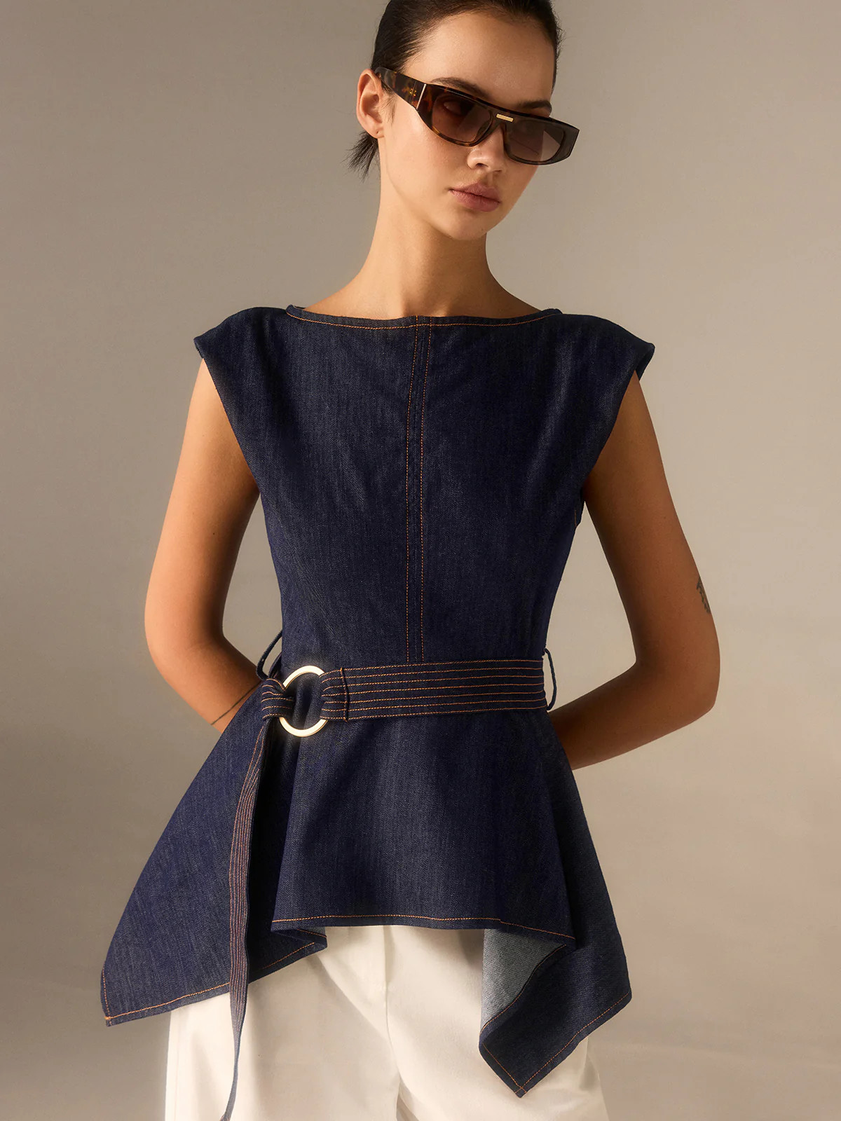 Denim Peplum Belted Top with Asymmetric Hem | Commense