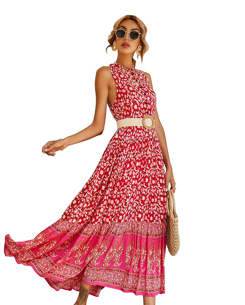 R.Vivimos Women's Summer Sleeveless Floral Print Button Up Bohemian Flowy Maxi Dresses | Amazon (US)
