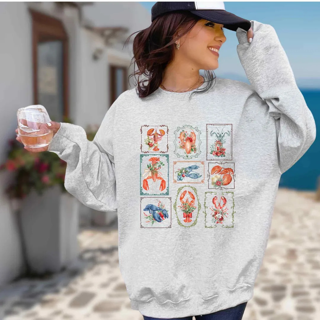 Christmas Vintage Stamp Lobster Sweatshirt, Coastal Christmas Crawfish Sweater, Retro Xmas Sea Cr... | Etsy (US)
