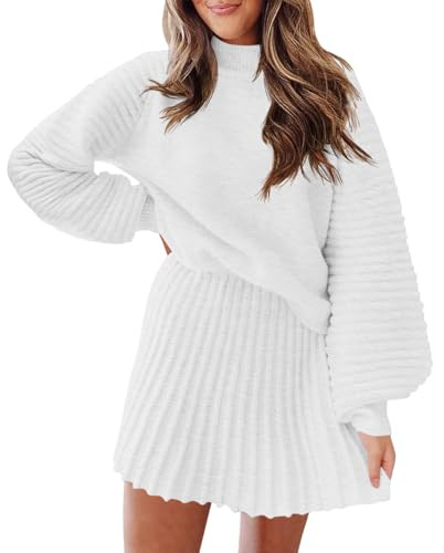 Zwurew Women's 2 Piece Outfits 2024 Long Sleeve Mock Neck Ribbed Sweaters and Mini Skirt Two Piece Sets White | Amazon (US)