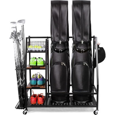 Golf Bag Storage Rack - Holds 2-3 Bags & Accessories, Lockable Wheels & Wood Shelf for Garage/Indoor (Black, 40"x15.75"x37.8") | Target