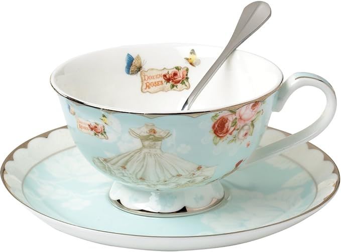 AWHOME Teacup and Saucer and Spoon Sets Vintage Royal Bone China Tea Cups Rose Flower Blue Boxed ... | Amazon (US)