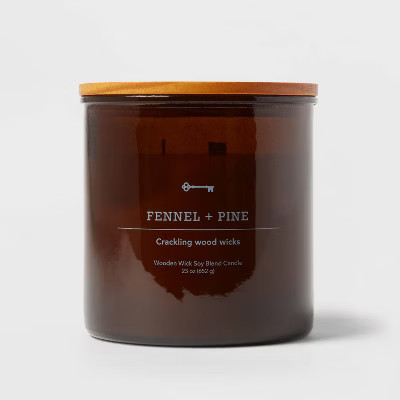 3-Wick Amber Glass Fennel + Pine Lidded Wooden Wick Jar Candle 23oz - Threshold™: Soy Blend, 48hr Burn Time, Modern Decor | Target