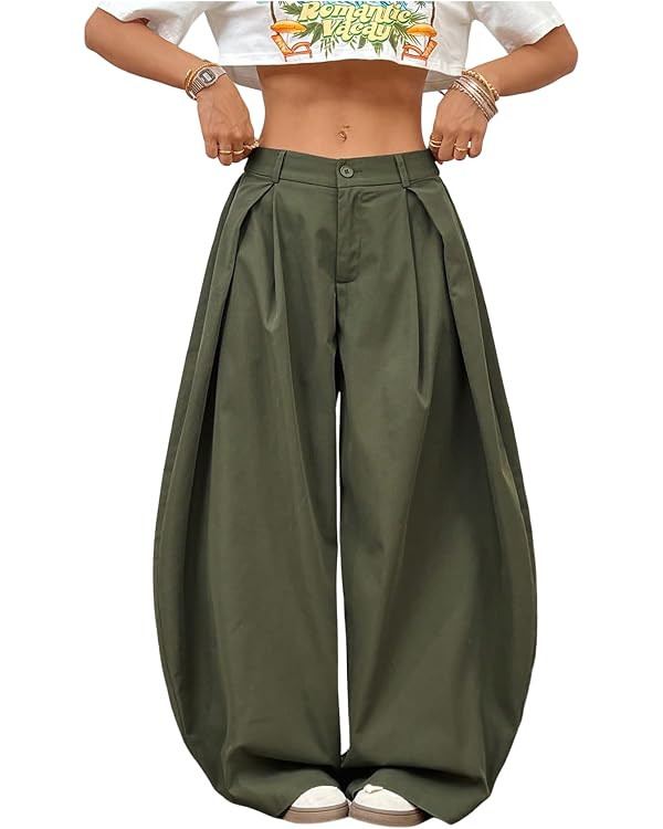 GORGLITTER Women's Baggy Barrel Pant Low Rise Pleated Cargo Oversized Wide Leg Business Dress Cas... | Amazon (US)