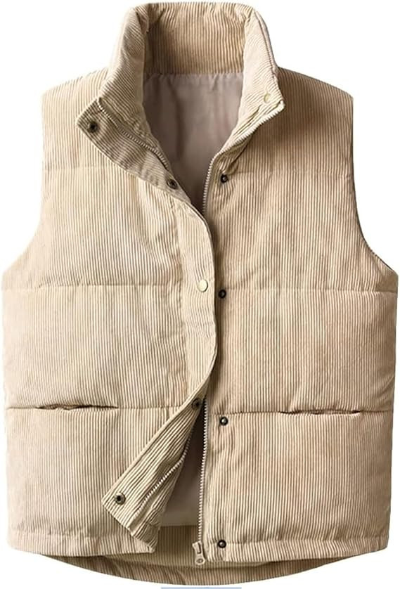 Womens Corduroy Puffer Vest Stand Collar Zip Snap Button Sleeveless Warm Waistcoat Padded Gilet | Amazon (US)