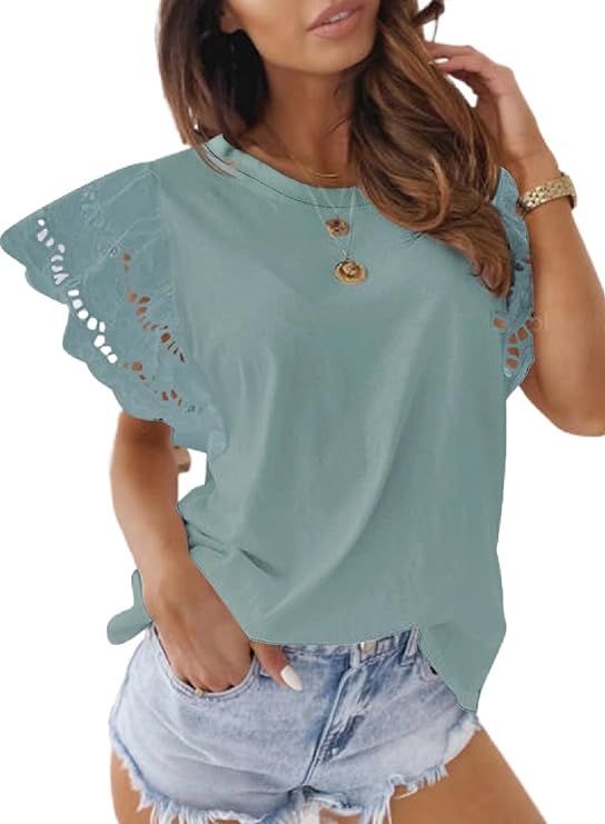 EVALESS Womens Summer Crewneck Crochet Hollow Out Ruffle Short Sleeve T Shirts Casual Solid Flowy... | Amazon (US)