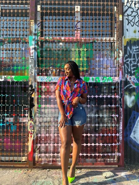 Shorts and Bright Top