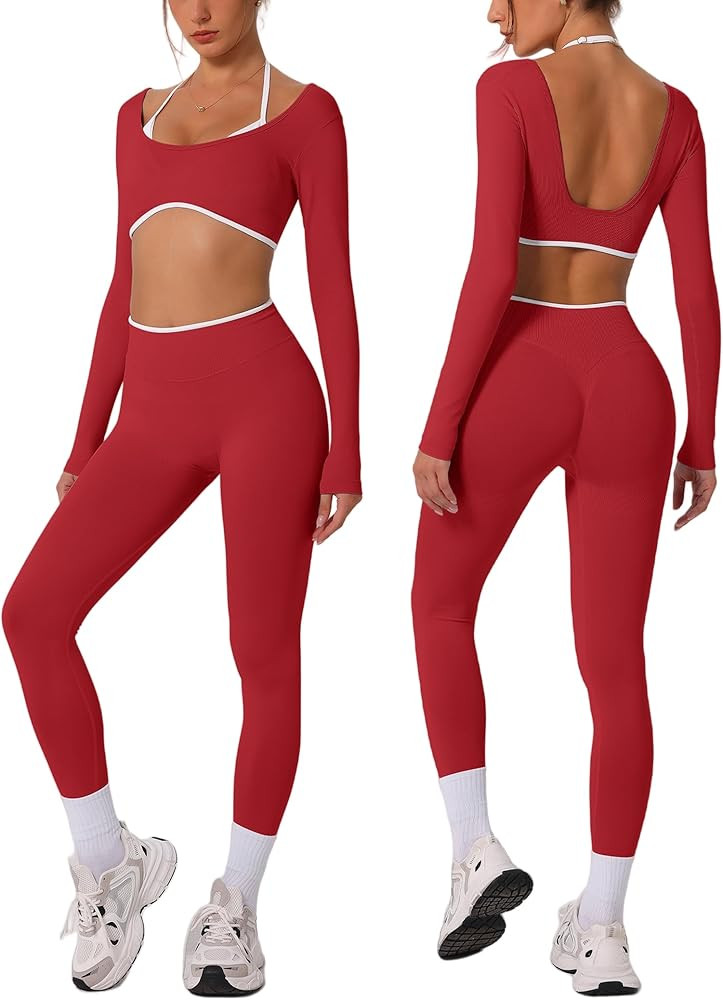 Workout sets for women Long Sleeve Adjustable halter strap Crop Top and Anti-squat Pants for gym,... | Amazon (US)