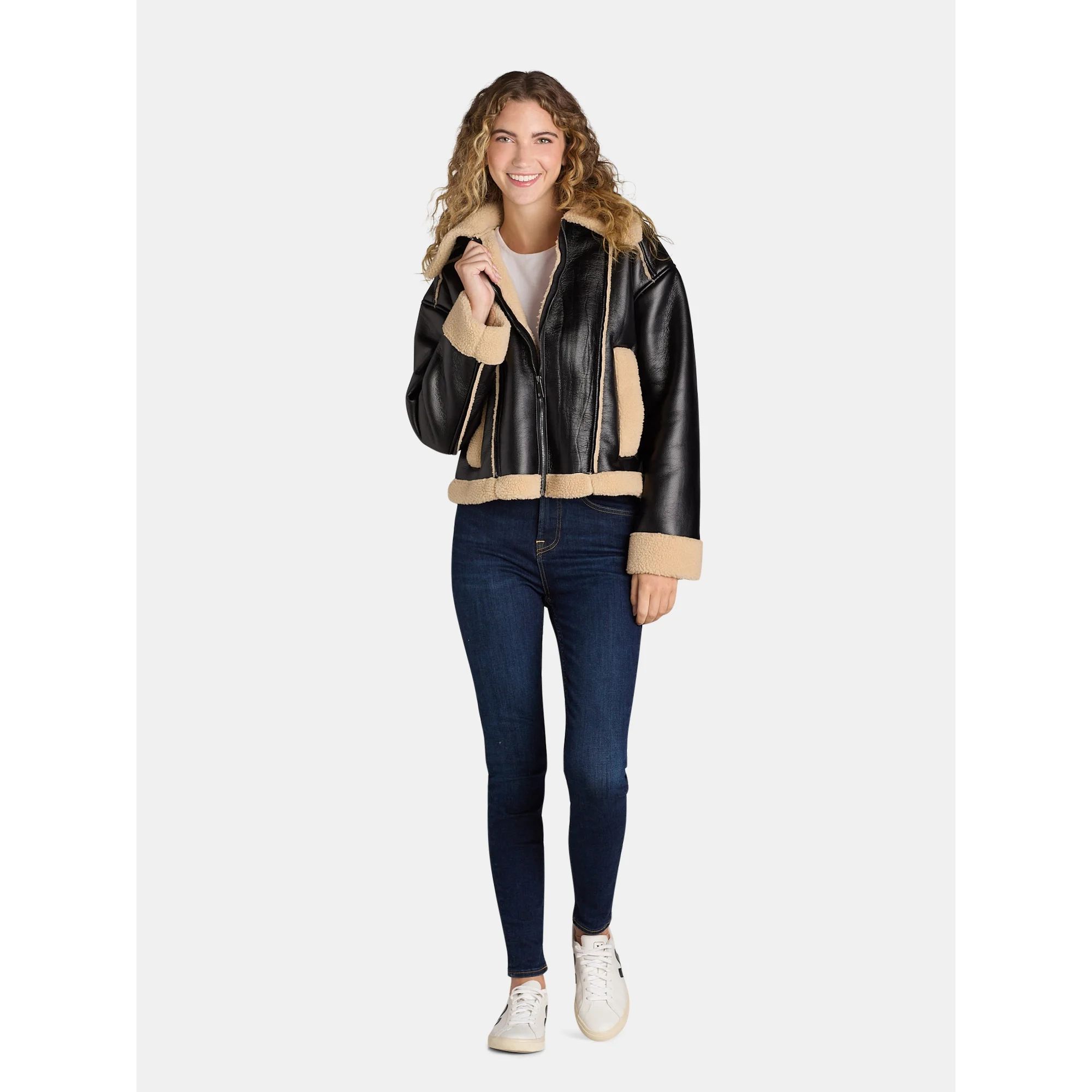 Time and Tru Women's Bonded Faux Shearling Bomber Jacket, Sizes XS-XL | Walmart (US)