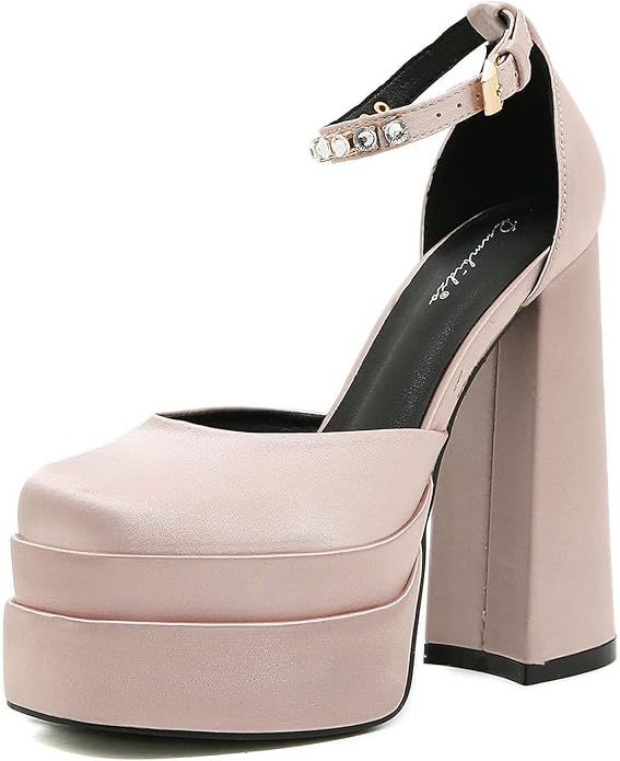STUPMARY Womens Platform Chunky High Block Heels Ankle Strap Buckles Satin Heels Pumps Fashion Dr... | Amazon (US)