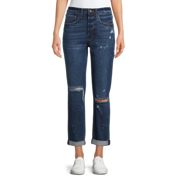 No Boundaries Juniors’ High Rise Destructed Girlfriend Jeans - Walmart.com | Walmart (US)