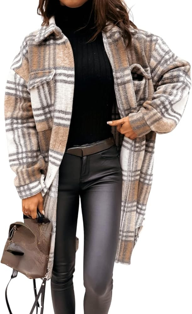 InterNos Women's Plaid Shacket Brushed Flannel Shirt Jacket Vintage Long Wool Blend Tartan Coat | Amazon (US)