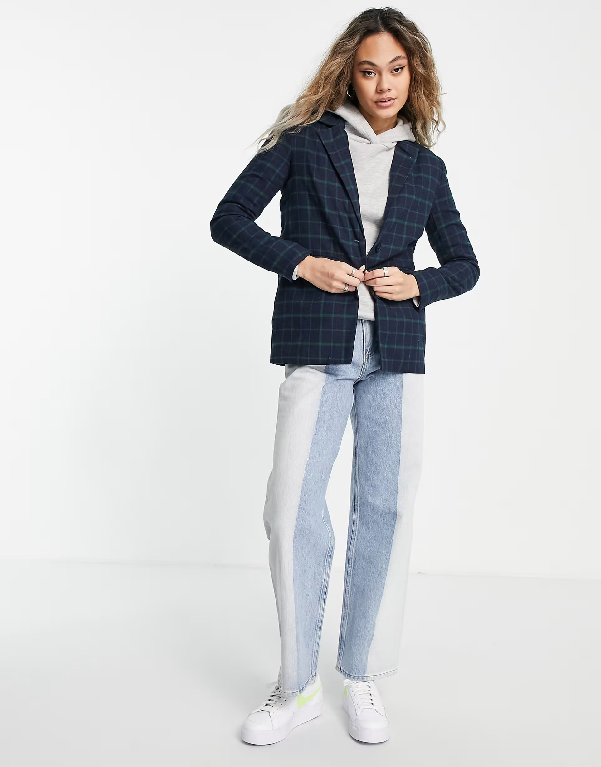Heartbreak slouchy boyfriend blazer in navy and green check | ASOS (Global)
