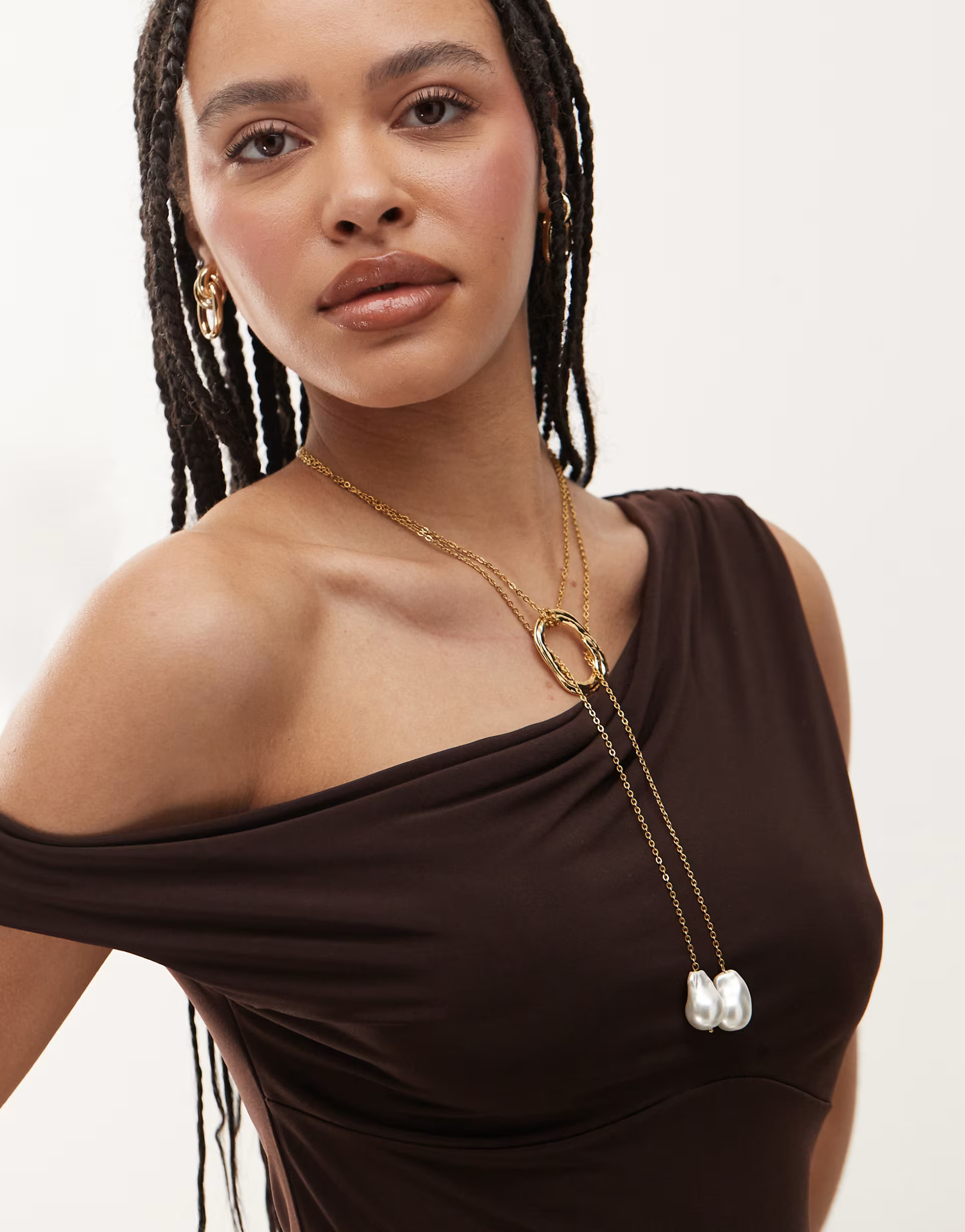 Petit Moments sunset statement lariat necklace with pearl pendants in gold | ASOS (Global)