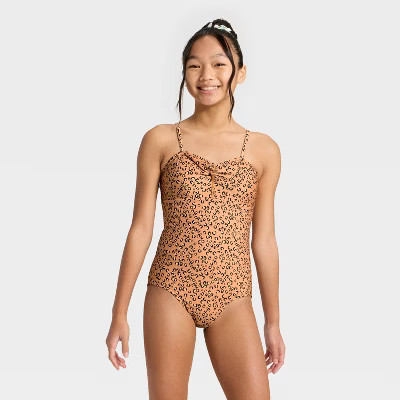 Girls' Wild Leopard One Piece Swimsuit - art class™ Coral Orange | Target
