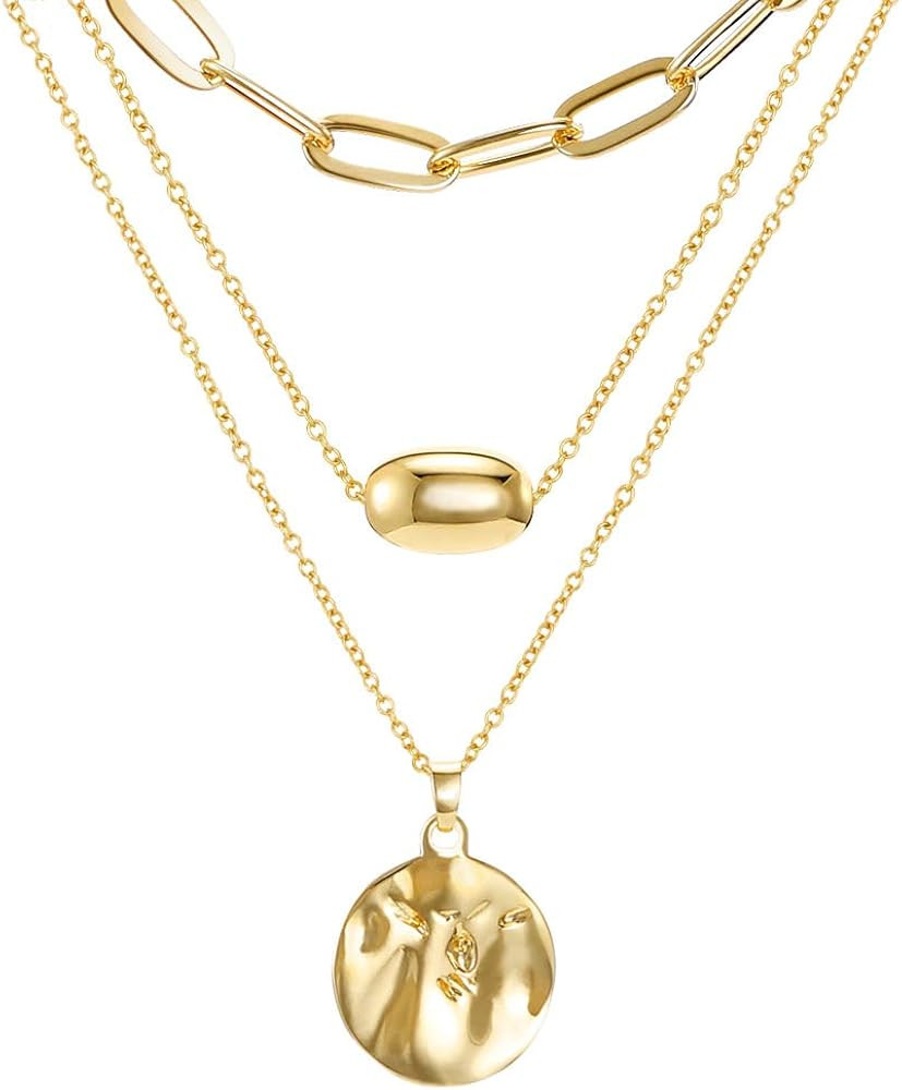 FAMARINE Gold Layered Pendant Long Necklace, 3 Layer Choker Necklace Chain Pendant Costume Jewelry f | Amazon (US)