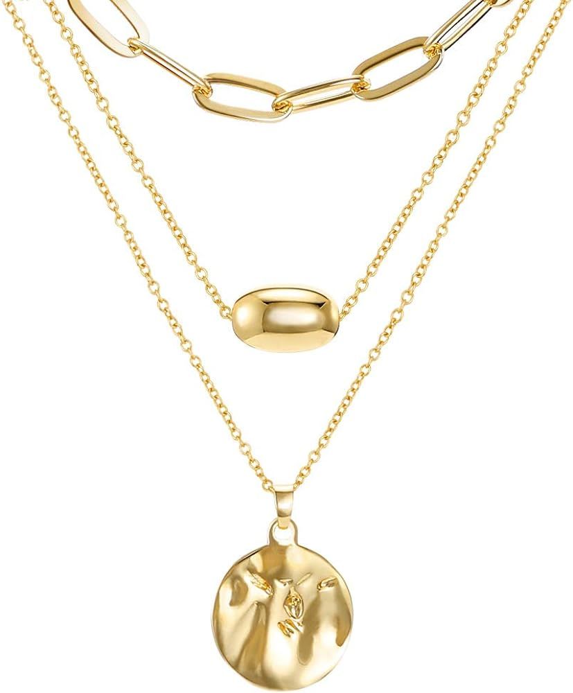FAMARINE Gold Layered Pendant Long Necklace, 3 Layer Choker Necklace Chain Pendant Costume Jewelry f | Amazon (US)