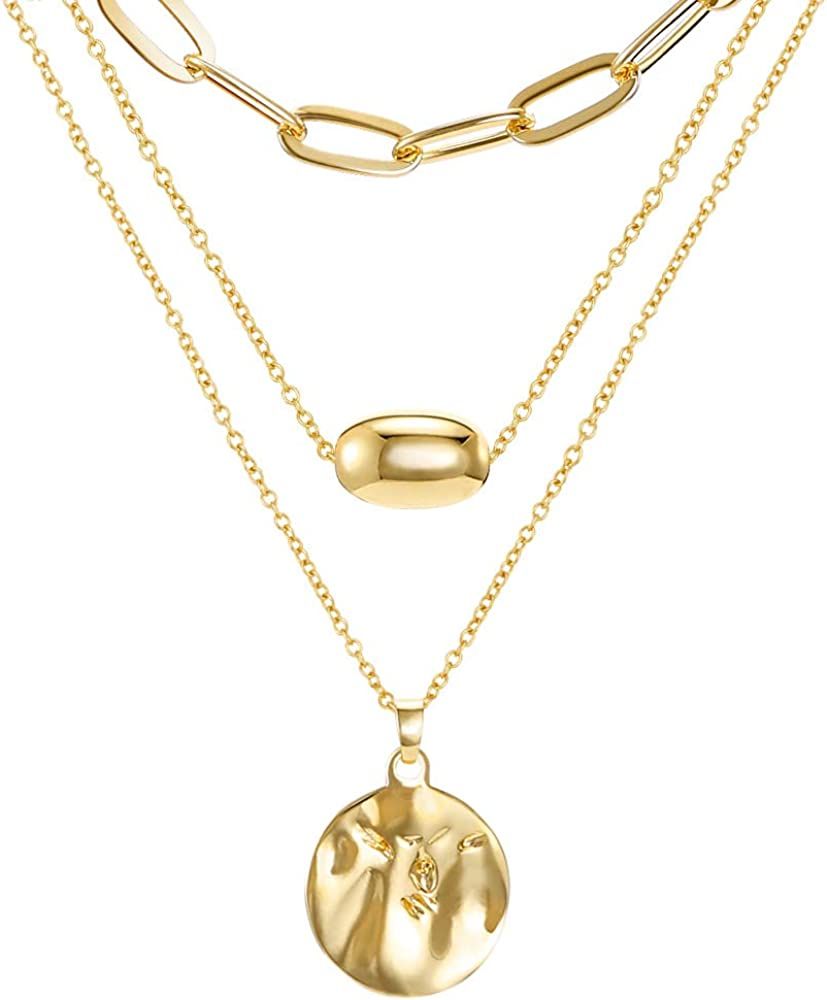 FAMARINE Gold Layered Pendant Long Necklace, 3 Layer Choker Necklace Chain Pendant Costume Jewelry f | Amazon (US)