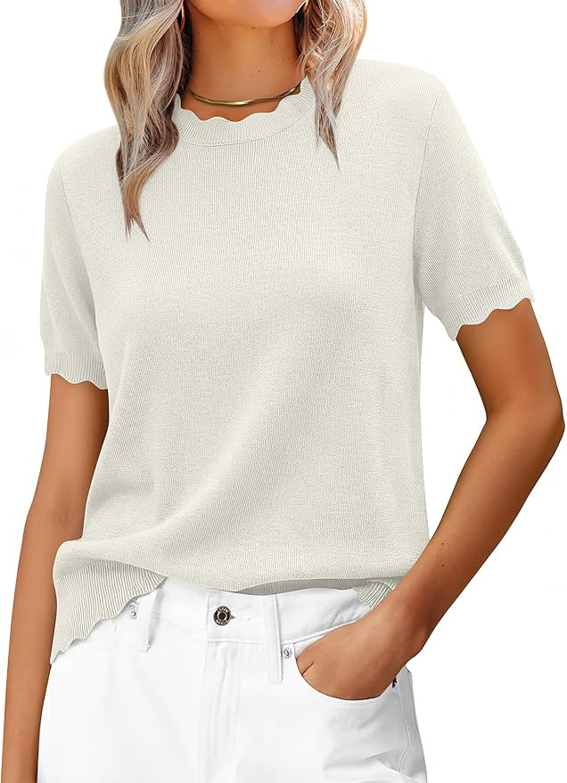 ANRABESS Womens Short Sleeve Sweater Wool Blend Scalloped Cute Summer Dressy Tops Business Casual... | Amazon (US)
