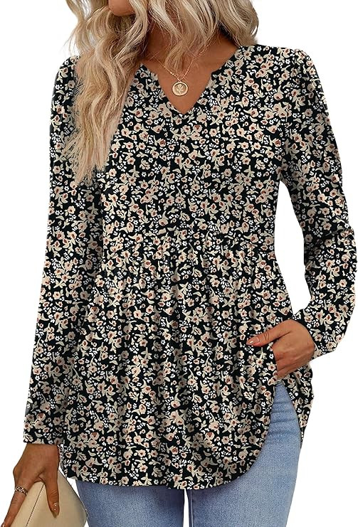 WIHOLL Womens Tops Long Sleeve Fall Shirts Babydoll Peplum Tops for Women V Neck Tunic Dressy Cas... | Amazon (US)