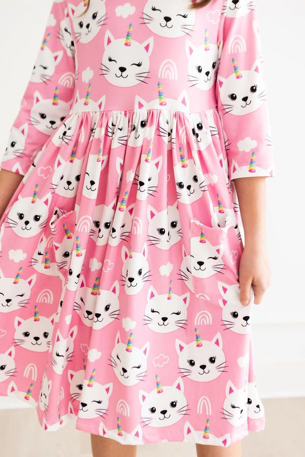 Unicorn Kitties 3/4 Sleeve Pocket Twirl Dress | Mila and Rose