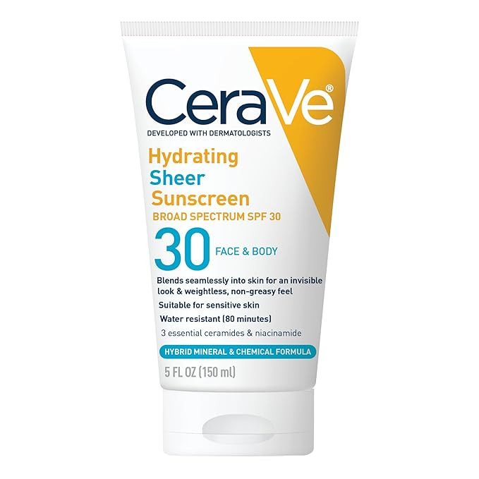 CeraVe Hydrating Sheer Sunscreen with SPF 30 for Face and Body, Mineral & Chemical Sunscreen for ... | Amazon (US)