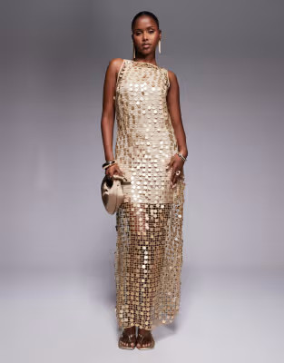 River Island sequin crochet maxi dress in gold | ASOS (Global)