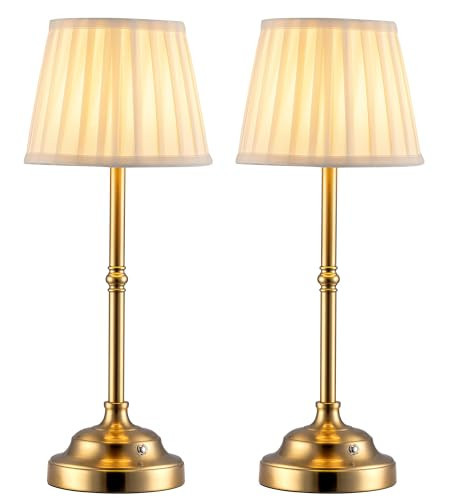 KDG Cordless LED Table Lamp Set of 2, Portables Fabric Shade Desk Lamps, 4000mAh Rechargeable Battery Powered Lighting, Dimmable Light for Dining Room, Bedroom, Bedside, Night Light, Balcony (Gold) | Amazon (US)