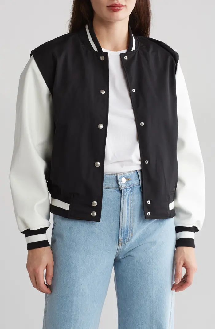 Colorblock Faux Leather Sleeve Varsity Jacket | Nordstrom Rack