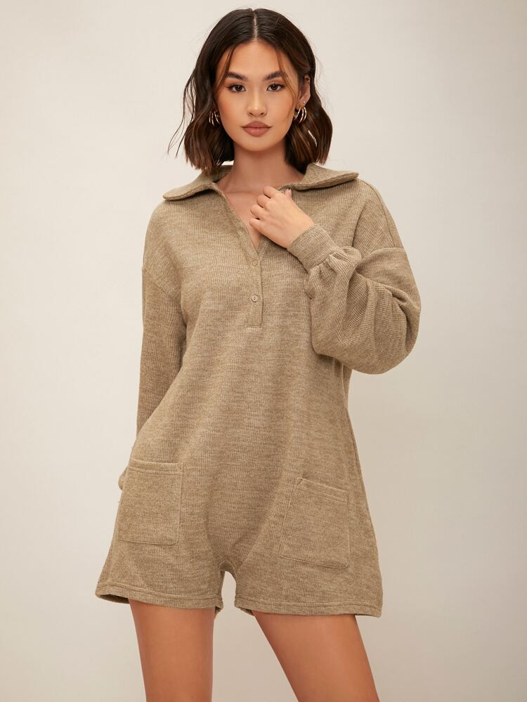 SHEIN Lantern Sleeve Pocket Front Button Half Placket Romper | SHEIN