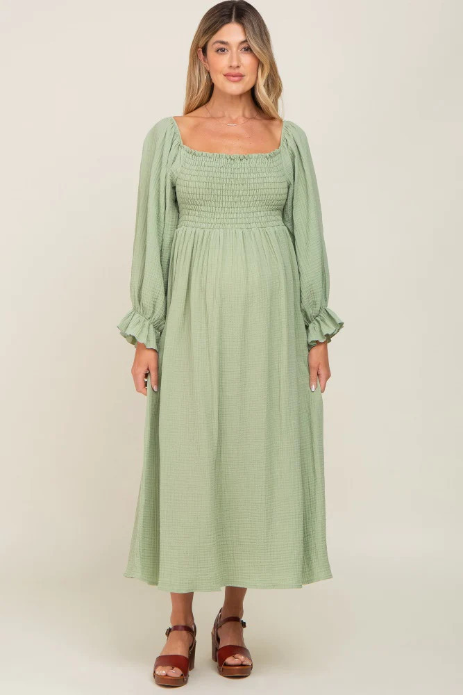Light Green Gauze Smocked Maternity Midi Dress | PinkBlush Maternity