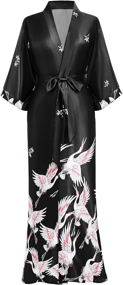 PRODESIGN Long Kimono Robe Satin Sleepwear Blouse Bathrobe Nightgown Silky Crane Kimono Cardigan ... | Amazon (US)