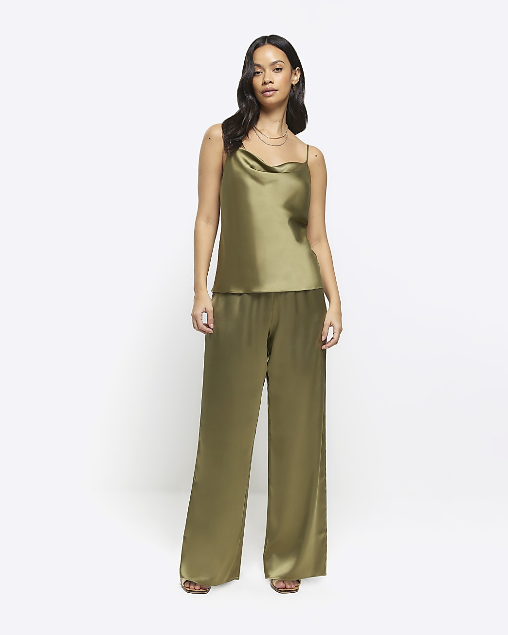 Khaki satin pull on wide leg trousers | River Island (UK & IE)