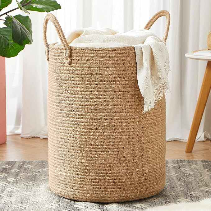 Jute Woven Rope Laundry Hamper Basket, 15Dx20H inches Tall Hamper Basket for Blanket Storage, Nur... | Amazon (US)