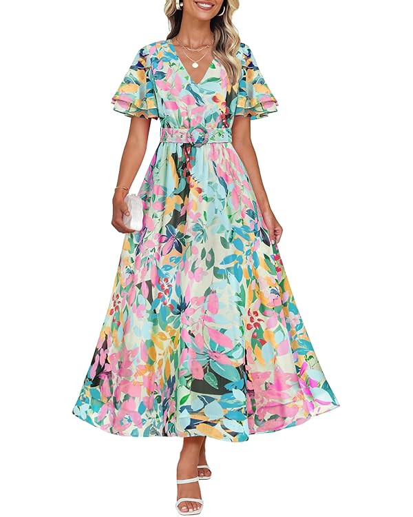 ZESICA Women's 2025 Summer Floral V Neck Midi Dress Boho Short Sleeve High Waist Flowy Beach Vaca... | Amazon (US)